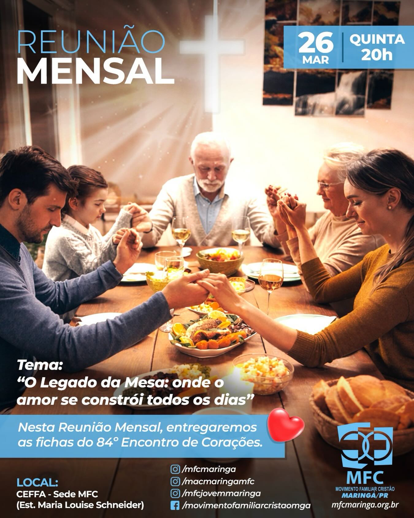 Paz e Bem, MFCistas!
Convidamos todos os casais e famílias para nossa reunião mensal.

A equipe do MIC (Movimento Familiar Infantil) estará presente para acolher nossas crianças com muito amor. 🙏🏻❤️

Anote na sua agenda para não esquecer:

🗓️ Dia: 26 de Março 
⏰ Horário: 20h
🚩 Local: Sede do MFC Maringá (https://maps.app.goo.gl/TB3FHLb6vyTwjXMM6)
📝 O Tema será: “O legado da mesa: onde o amor se constrói todos os dias.” 

❤️❤️Nesta reunião entregaremos as fichas do “84 Encontro de Coração”. Lembrando que a ficha deverá ser devolvida já preenchia até dia 15/04.❤️❤️

Contamos com a presença de todos!

@mfcmaringa
@macmaringamfc
@mjcmaringa
@mfcpr
@mfcbrasil
@mfc.marialva
@mfc_doutor_camargo
@mfcmandaguari

Acesse o nosso site: https://mfcmaringa.org.br
Siga e curta as nossas redes sociais!
Instagram: instagram.com/mfcmaringa
Facebook: facebook.com/movimentofamiliarcristaomga
Youtube: youtube.com/@mfcmaringa

#mfc #mfcmaringa #mfcbrasil #fé #família amor jesus Deus igrejacatolica esperoporvocê vempromovimento