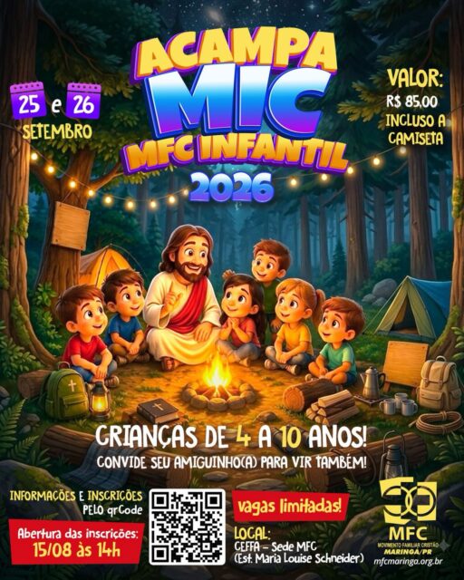 🏕️ ACAMPA MIC - MFC INFANTIL 2026 🏕️
Prepare-se para um fim de semana inesquecível, cheio de diversão, amizade, aventuras e momentos especiais com Jesus! ❤️✨
📅 25 e 26 de setembro
👧🧒 Para crianças de 4 a 10 anos
📍 CEFFA – Sede do MFC
(Estrada Maria Louise Schneider)
💰 Valor: R$ 85,00
👕 Incluso camiseta
🌟 Convide seu amiguinho(a) para vir também!
Será uma experiência incrível de acampamento, brincadeiras, convivência e muita alegria! 🏕️🔥
⚠️ VAGAS LIMITADAS!
📲 Informações e inscrições pelo QR Code da imagem ou no link abaixo:
https://forms.gle/HfD2XhkbFYRCuVLv9
*Abertura das inscrições : 15/08 às 14h*
💙 ACAMPA MIC - MFC INFANTIL 2026
Uma aventura para guardar no coração! ✨
