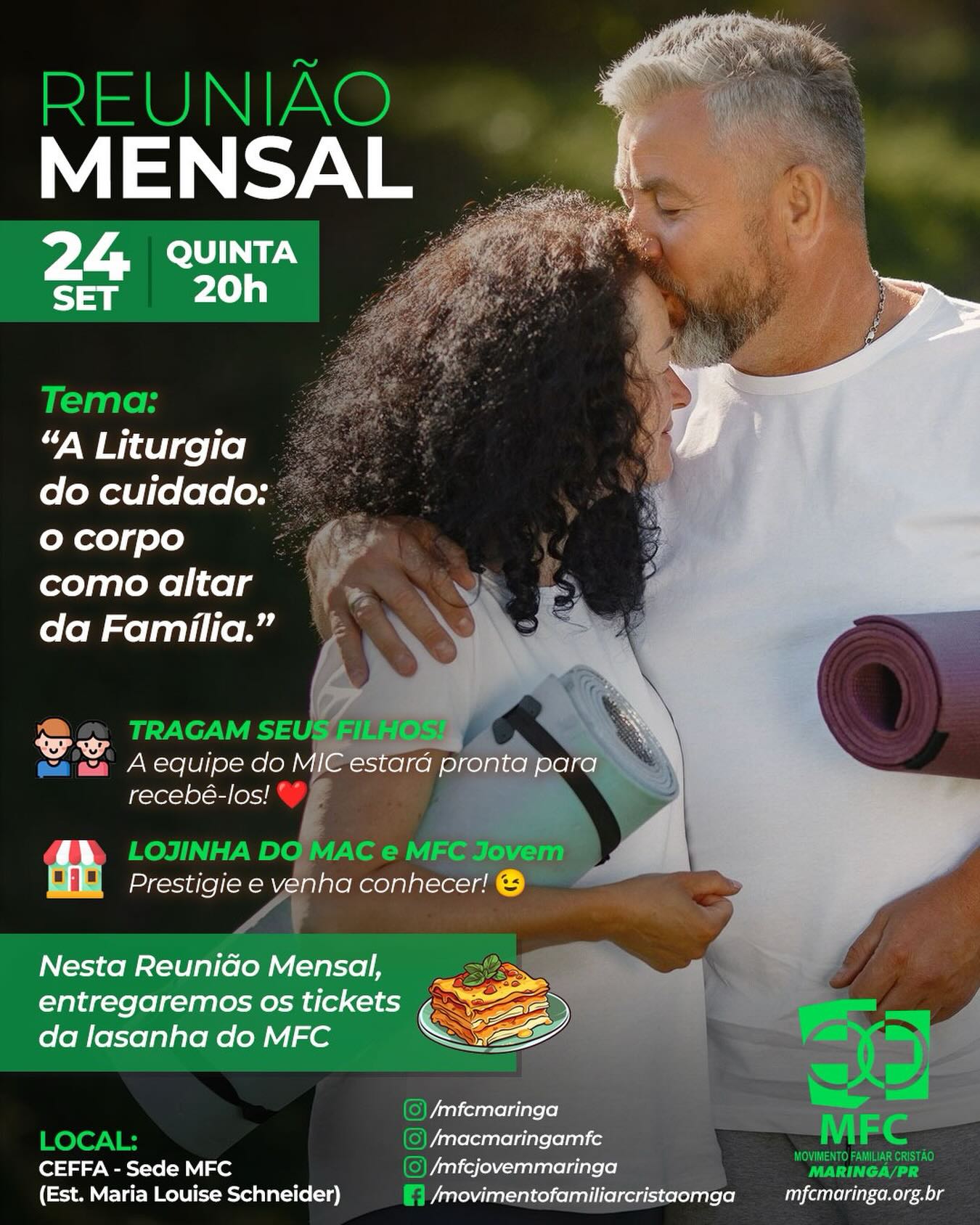 💚 CONVITE ESPECIAL – REUNIÃO MENSAL DO MFC MARINGÁ 💚
É com muita alegria que convidamos você e sua família para a nossa Reunião Mensal do Movimento Familiar Cristão – MFC Maringá!
📅 24 de setembro – quinta-feira
⏰ 20h
📍 CEFFA – Sede do MFC
https://maps.app.goo.gl/TB3FHLb6vyTwjXMM6
✨ Tema:
“A Liturgia do cuidado: o corpo como altar da Família.”
Será um momento especial de reflexão, partilha, fé e fortalecimento dos nossos laços familiares. ❤️
👧🏻👦🏻 TRAGAM SEUS FILHOS!
A equipe do MIC estará pronta para recebê-los com muito carinho! ❤️
🛍️ LOJINHA DO MAC e MFC Jovem
Prestigie e venha conhecer!
🍝 IMPORTANTE:
Nesta Reunião Mensal, também faremos a entrega dos tickets da Lasanha do MFC.
💚 Esperamos por vocês!
Venham participar conosco e viver mais este momento de união, fé e cuidado com a família!
MFC Maringá – Movimento Familiar Cristão
📱 @mfcmaringa
@mfcmaringa
@macmaringamfc
@mjcmaringa
@mfcpr
@mfcbrasil
@mfc.marialva
@mfc_doutor_camargo
@mfcmandaguari
Acesse o nosso site: https://mfcmaringa.org.br
Siga e curta as nossas redes sociais!
Instagram: instagram.com/mfcmaringa
Facebook: facebook.com/movimentofamiliarcristaomga
Youtube: youtube.com/@mfcmaringa
#mfc #mfcmaringa #mfcbrasil #fé #família amor jesus Deus igrejacatolica esperoporvocê vempromovimento
